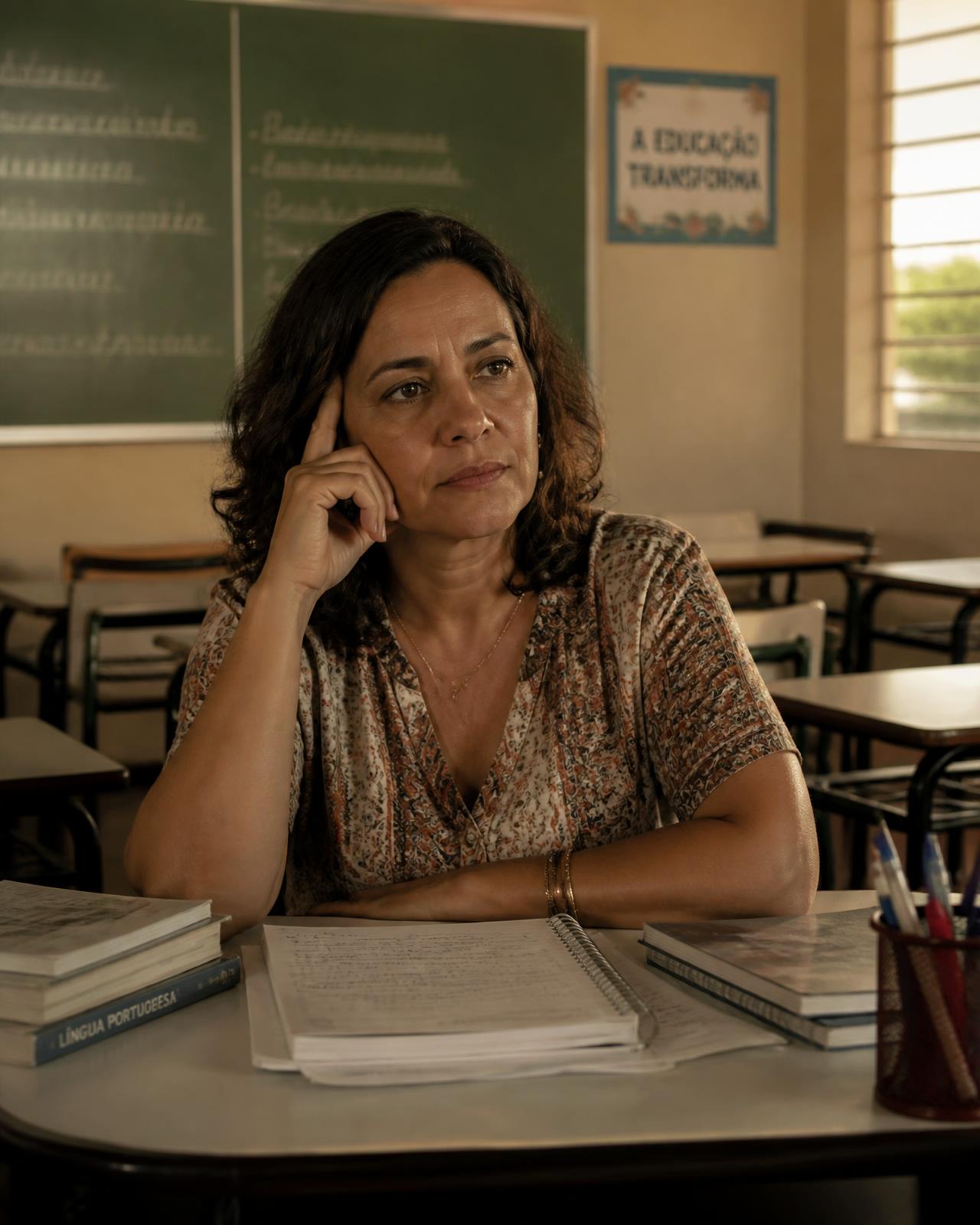 Professora sentada sozinha na sala de aula no fim do dia